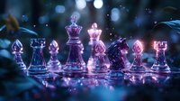Glowing chess pieces on board with magical purple and blue lighting effects creating strategic game atmosphere for business concepts and decision making.