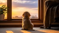 Golden retriever puppy sitting by window watching sunset, cozy home interior with warm lighting and peaceful evening atmosphere for pet lifestyle content.