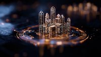 Glowing futuristic cityscape rises from digital circuit with golden light effects and concentric rings, representing smart city technology and digital transformation.