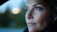 Close up portrait of mature Caucasian woman with blue eyes gazing thoughtfully into distance at dusk, soft natural lighting creates atmospheric mood for lifestyle and wellness concepts.