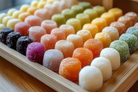 Colorful assorted mochi rice cakes arranged in wooden tray displaying traditional Japanese sweets in rainbow colors for dessert and confectionery concepts.