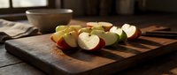 Fresh sliced apples arranged on rustic wooden cutting board in warm kitchen setting. Healthy snack preparation for cooking and baking projects.