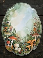Watercolor forest mushroom frame with ferns, berries, and foliage, featuring a blank center for text or design use.