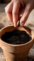 Close-up of hand planting sunflower seed in terracotta pot with rich soil, capturing gardening and new beginnings in warm natural light.