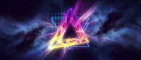 Neon triangle with glowing energy beams and cosmic clouds on dark space background for futuristic digital art and sci-fi design projects.