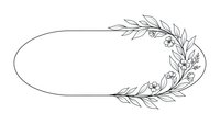Elegant oval floral frame with delicate botanical elements and small flowers, line art style on white background for wedding invitations and decorative designs.