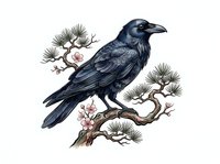 Dark blue crow perched on twisted branch with delicate pink flowers and spiky green foliage. Isolated botanical illustration for design, clipart, and decorative projects.