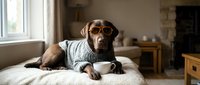 Brown dog wearing glasses and sweater sitting at table with coffee mug in cozy home interior, perfect for lifestyle and pet-themed marketing materials.