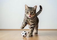 Tabby cat playing with soccer ball on wooden floor, isolated on white background. Playful pet ready for design use.
