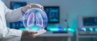 Doctor in white coat holding glowing lungs hologram in medical laboratory environment for healthcare and respiratory disease research applications.
