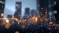Glowing audio waves visualization with bokeh light effects on dark background, modern music equalizer pattern with blurred city lights.