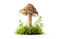 Spotted brown mushroom with textured cap growing among fresh green ferns and moss on white background, isolated nature composition for creative design projects.