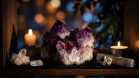 Amethyst crystal cluster with quartz and candles on dark wooden surface, creating a mystical spiritual atmosphere with bokeh lights.