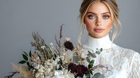 Young blonde woman in white turtleneck holding dried flower bouquet with burgundy accents against gray background for lifestyle and fashion content.