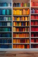 Colorful bookshelf with books arranged by color spectrum from blue through yellow to red creating rainbow effect on white shelving unit against wall with wooden floor.