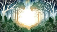 Enchanted forest landscape with layered paper cut trees creating magical woodland scene with warm sunlight streaming through branches and foliage frame.