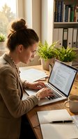 Young Caucasian businesswoman working on laptop at home office desk with documents and coffee cup in warm natural light for remote work productivity.