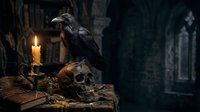 Black raven perched on human skull beside burning candle in gothic stone chamber, dark moody atmosphere for horror, Halloween, and fantasy themes.