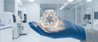 Scientist hand in blue glove holding glowing recycling symbol in modern laboratory environment, representing sustainable research and environmental innovation.