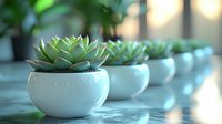 Green succulent plants in white ceramic pots arranged in row on table with soft natural lighting and bokeh background, creating minimalist home decor atmosphere.