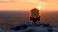 Majestic male lion resting on rocky outcrop during golden hour sunset in African savanna wilderness with warm orange sky backdrop for wildlife photography.