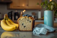 Fresh homemade blueberry banana bread loaf sliced on kitchen counter with ripe bananas and turquoise mug, cozy breakfast setting in warm natural light.