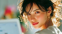 Young Asian woman with natural makeup and messy hair bun looking over shoulder in warm golden sunlight with soft bokeh background for lifestyle content.