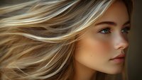 Young woman with flowing blonde hair and blue eyes in profile view against neutral background, showcasing natural beauty.