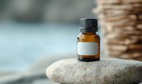 Small amber glass bottle with blank label on smooth gray stone against soft blurred background, wellness and aromatherapy concept composition.