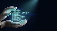 Hands in white gloves holding glowing digital circuit board schematic with flowing data streams on dark background for technology and innovation concepts.