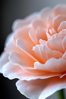 Delicate peach-colored rose petals in soft focus macro photography against dark background, showing gentle curves and layers with morning dew drops.