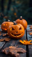 Glowing carved pumpkins with traditional jack o'lantern faces on rustic wooden surface surrounded by autumn oak leaves, moody dark background creates spooky atmosphere.