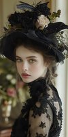 Young woman in Victorian gothic attire with black lace dress and elaborate hat adorned with roses, feathers and decorative crow, captured in romantic vintage style portrait.