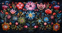 Vibrant folk art floral arrangement on black background featuring pink, red, blue and yellow blooms with decorative leaves and swirling stems in traditional style.