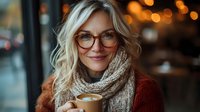 Young blonde woman in glasses and knit scarf holding coffee cup with latte art, wearing red sweater against blurred bokeh background in cozy cafe setting.