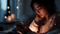 Young Asian woman in cozy sweater using digital tablet in dark room with bokeh lights, creating atmospheric evening mood for lifestyle and technology concept.