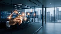 Businessman touching digital network globe with glowing connections in modern office with city skyline, representing global business, technology, and data connectivity.