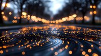 Glowing digital particles flow across dark surface with warm bokeh lights, representing data stream, technology network, or digital transformation for tech backgrounds.