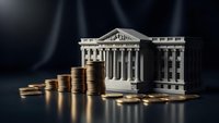 Classical government building with golden coins stacks representing banking, finance, economy and monetary policy concepts for business presentations.