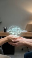 Hands holding glowing digital scales of justice hologram with network connections in modern office environment for legal technology concepts.