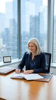 Mature woman with white hair, Caucasian ethnicity, wearing navy blazer, writing at wooden desk in high-rise office with city skyline view. Professional business setting.