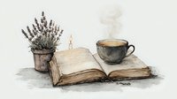 Open vintage book with steaming coffee cup and potted lavender plant creates cozy reading atmosphere in soft watercolor style. Gentle nostalgic composition for relaxation themes.