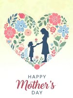 Mother and child silhouettes in floral heart shape for Mothers Day greeting card design with botanical elements and pastel colors on cream background.