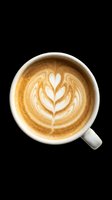 Overhead view of cappuccino with decorative latte art heart design in white ceramic cup, isolated on transparent background. Ready for cafe menus, beverage packaging, coffee shop graphics, print-on-demand products, and hospitality design use.