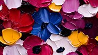Vibrant oil paint flowers in red, blue, pink, and yellow colors with thick textured brush strokes creating dimensional floral art on dark background. Modern abstract painting style.