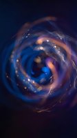Cosmic spiral galaxy with swirling blue and orange nebula clouds, glowing stars and celestial dust particles creating mystical space vortex energy pattern.