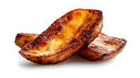 Crispy golden roasted potato wedges with caramelized edges isolated on white background for culinary design and restaurant menu graphics.
