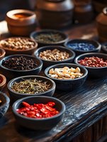 Variety of dried herbs, spices, nuts and berries in black ceramic bowls on dark wooden surface, moody natural lighting creates atmospheric food composition.