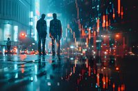 Two silhouettes walking on wet city street at night with neon lights and reflections creating dramatic urban atmosphere. Moody cyberpunk style cityscape scene.