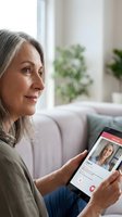Mature woman with gray hair using tablet for video call consultation at home, sitting on couch in bright living room with plants for telemedicine appointment.